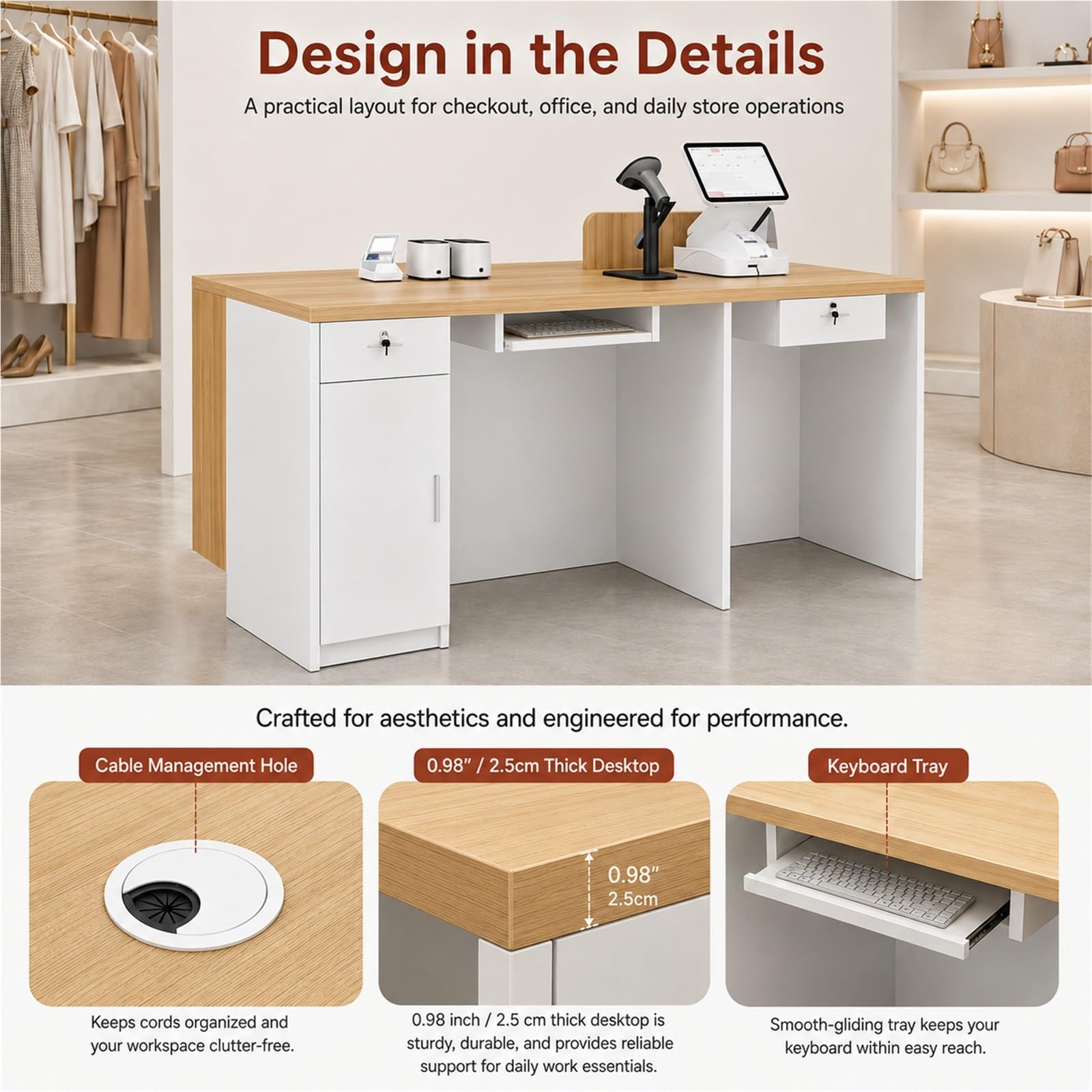 Mostrador de Recepción con Estantes y Almacenaje, Mostrador Caja para Tienda, Salón, Boutique, Librería, Comercio y Recepción Moderna Pro Comercial(White+Orange Right,80cm/31.5")