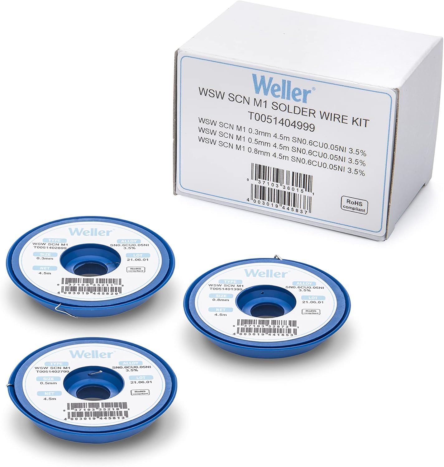 Weller WSW SCN M1 (T0051404999) Lead Free Solder Wire, Dia: 0.3; 0.5; 0.8 mm / 0.012; 0.020; 0.031 in, Wt: 21 g / 0.740 oz, Alloy Sn99.3Cu0.6Ni0.05, Flux content 3.5%