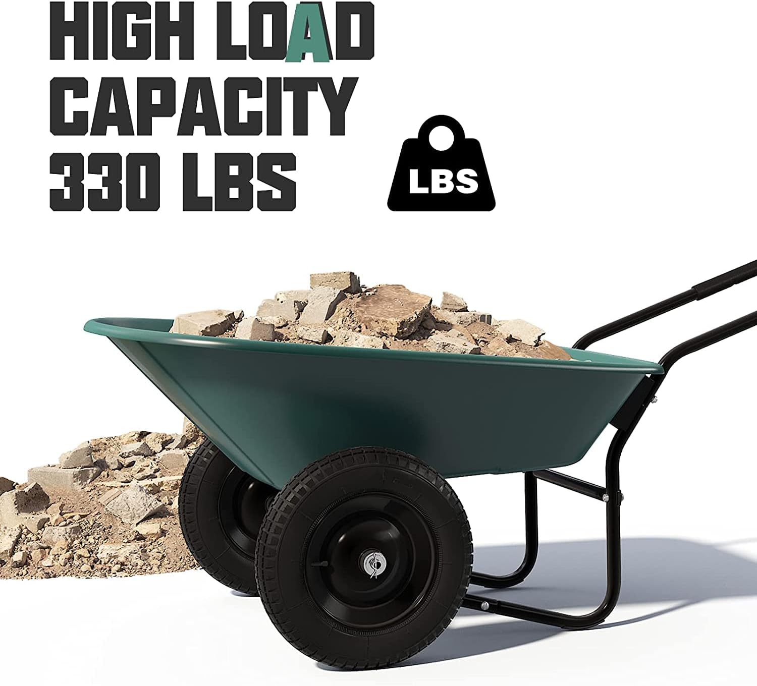 Wellhut 2 Tire Wheelbarrow Dump Cart, Heavy Duty Home Utility Garden Cart, 330 LBS Yard Wheelbarrow, Perfect for Transporting Soil Bricks and Construction Materials, Green : Patio, Lawn & Garden