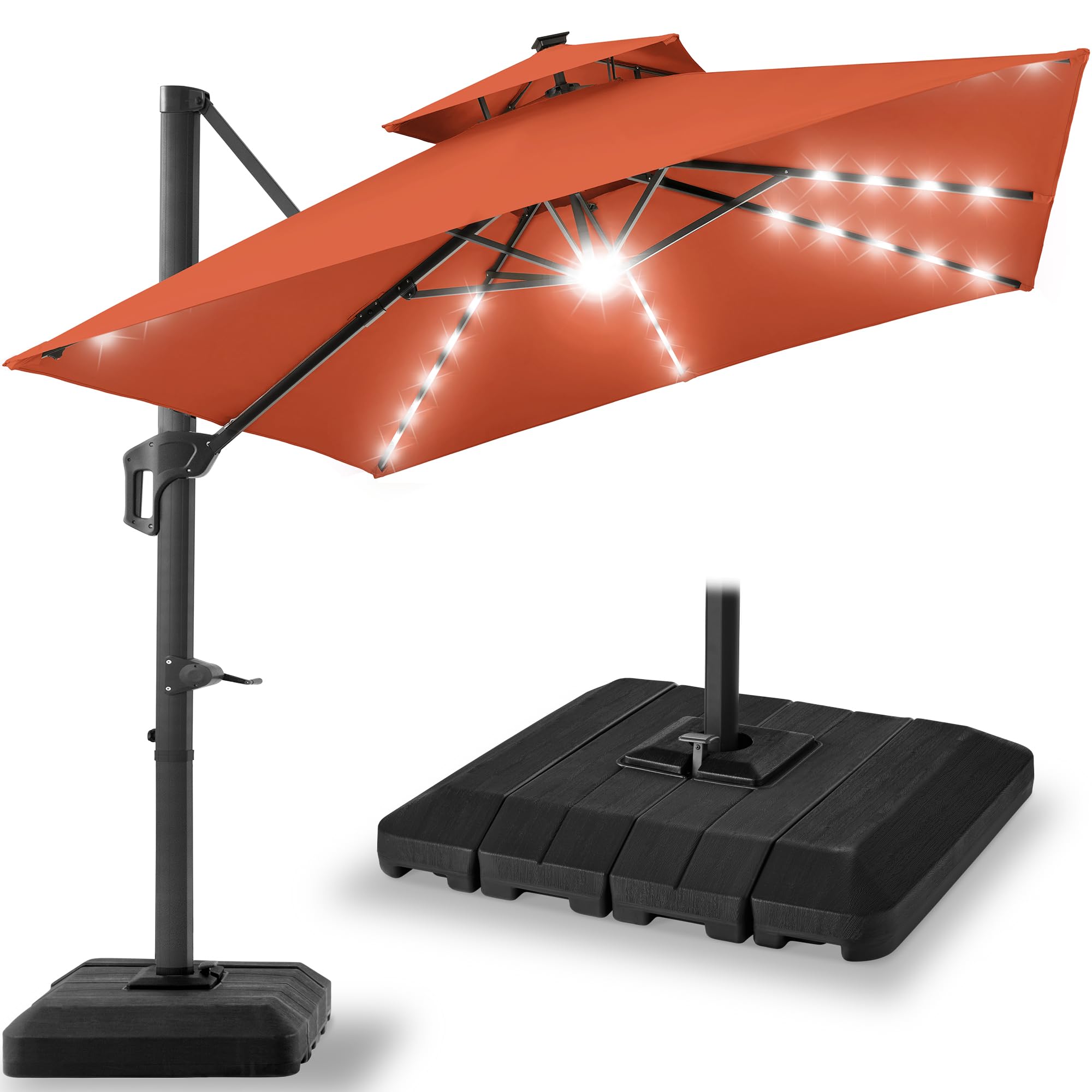 Best Choice Products 10x10ft Cantilever Patio Umbrella w/Base Included, Solar LED Lights 360 Rotation Large Offset Hanging Outdoor Shade for Deck Pool Backyard w/Stand – Rust