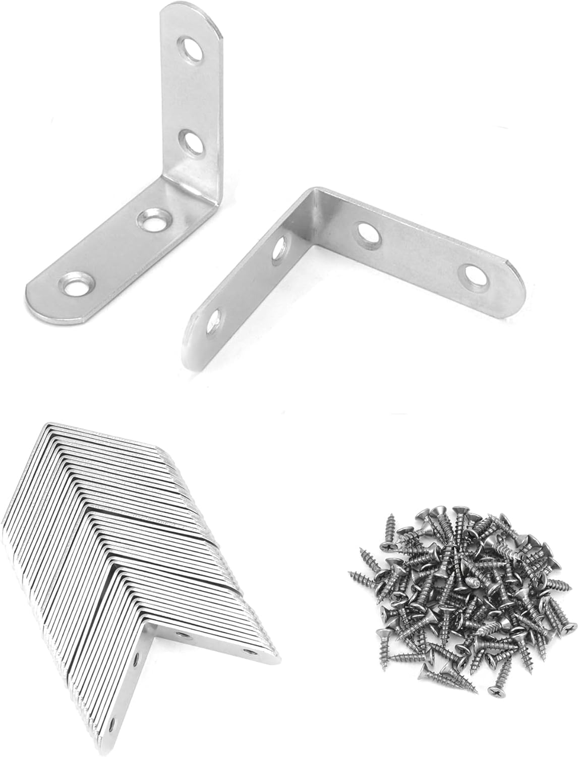 QWORK Stainless Steel L Brackets for Wood, 40Pcs 16x50mm Corner Brace with Screws, 90 Degree L Shaped Brackets for Furniture Fixation