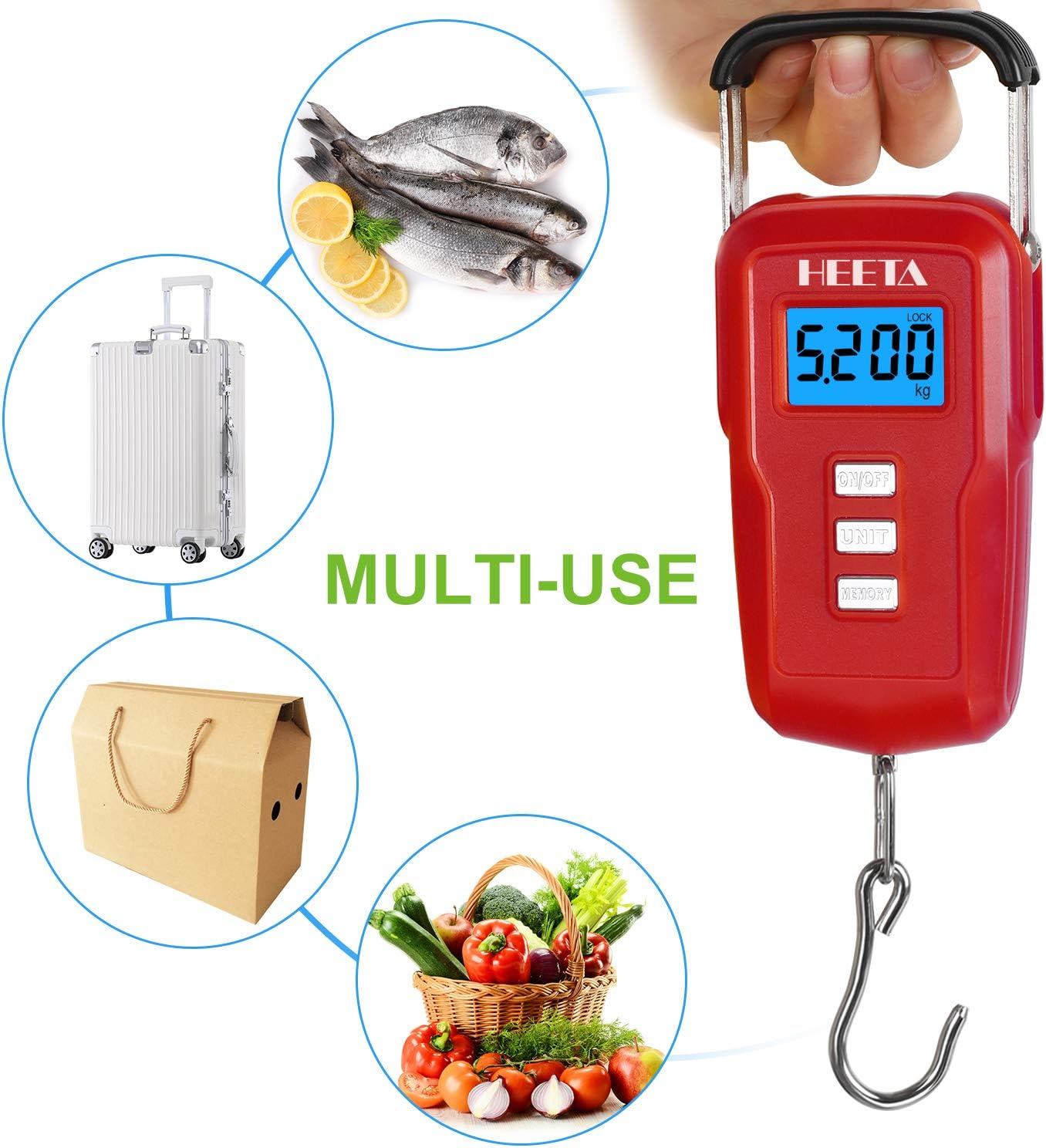 HEETA Fish Scale Upgraded Memory Function with Backlit LCD Display, Digital Portable Hanging Scale with Measuring Tape for Home and Outdoor Use, 2 AAA Batteries (Red) : Sports & Outdoors