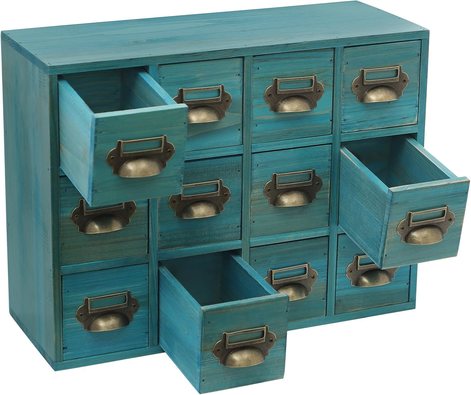 Drawers Storage Cabinet, Vintage Wooden Storage Organizer with Label Slots Tabletop Desk Chest Tea Coffee Pod Storage Tool for Home, Office, Shop (Blue, 12 Drawer)