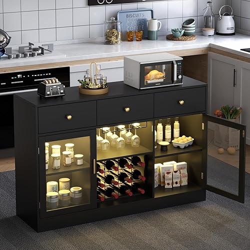 Miniatura 8 de Auromie Gabinete de bar de vinos con luz LED, gabinete de café para el hogar con estante para vino y vidrio, aparador de cocina con cajones de