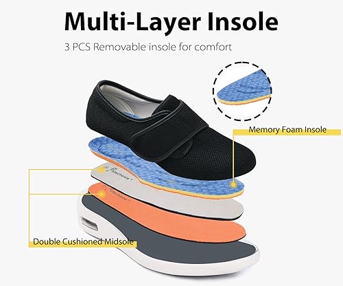 Miniatura 3 de Zapatos ortopédicos extra anchos para mujer, correa ajustable con 3 pares de plantillas, soporte para arco y caminar, Negro -