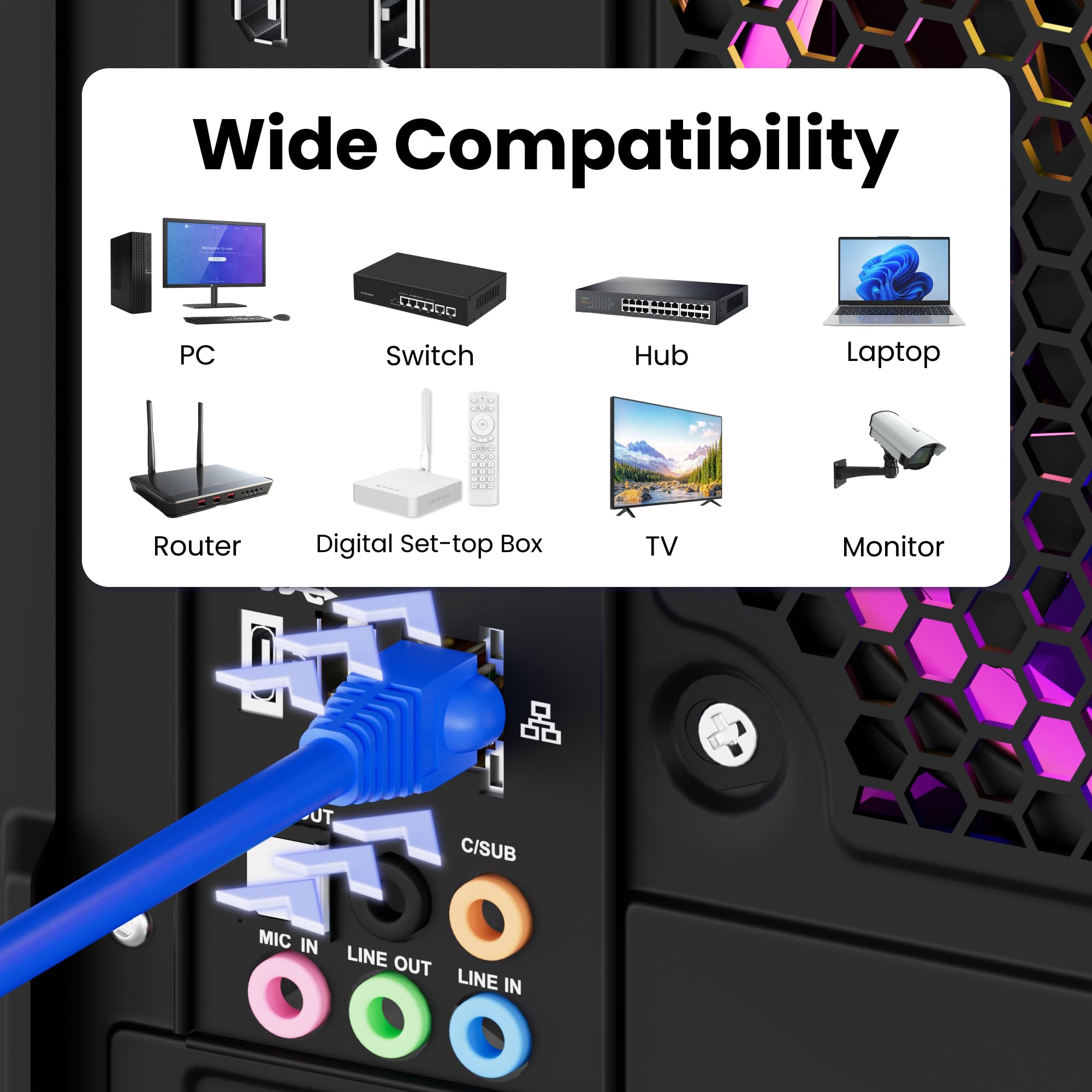 CableGeeker Lot de 100 connecteurs RJ45 pass-Through avec gaine anti-traction bleues, connecteurs RJ45 Cat6 plaqués or, extrémités Cat 6, compatibles avec Cat5/Cat5e, prise réseau modulaire pour câble