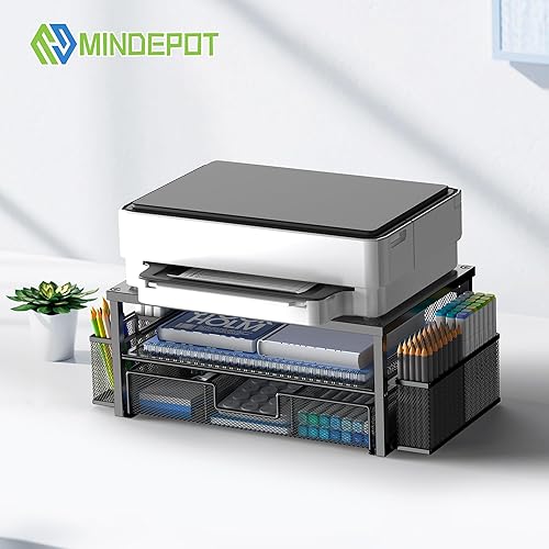 Miniatura 5 de Soportes para monitor de computadora de 2 niveles con cajón y 2 soportes para lápices, soporte de monitor de metal, accesorios de escritorio de