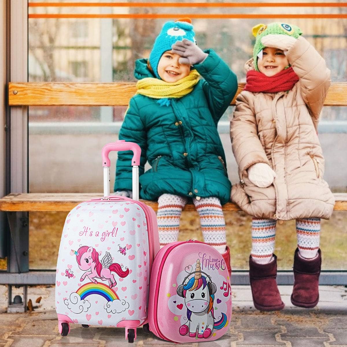 GYMAX 2Pcs Kids Carry On Luggage Set, 16