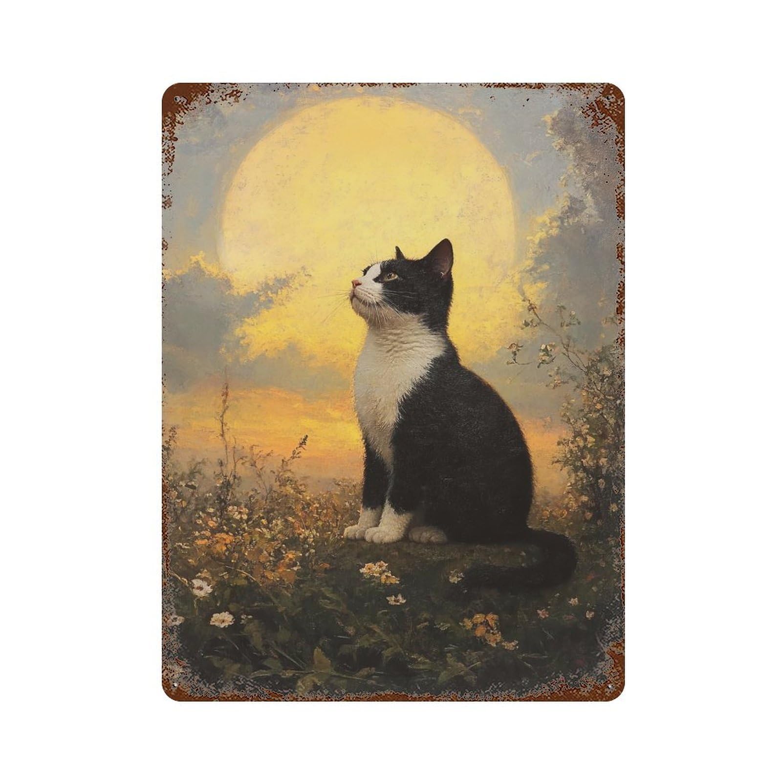 Cat Gazing at The Moon Vintage Wall Sign 15.7"x11.8", Rust Effect Metal Decor for Living Room, Hallway And Home Decor