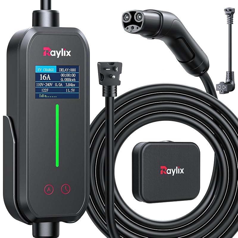 Carregador portátil para veículos elétricos Raylix 8–16 A, Level 1 e Level 2, NACS, NEMA 5-15 e 6-20P