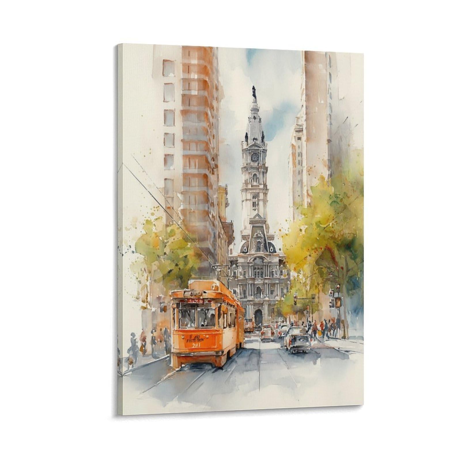 XWYMXZ Philadelphia Watercolor City Hall 20x30inch(50x75cm) Vintage Travel Poster Watercolor Canvas Art