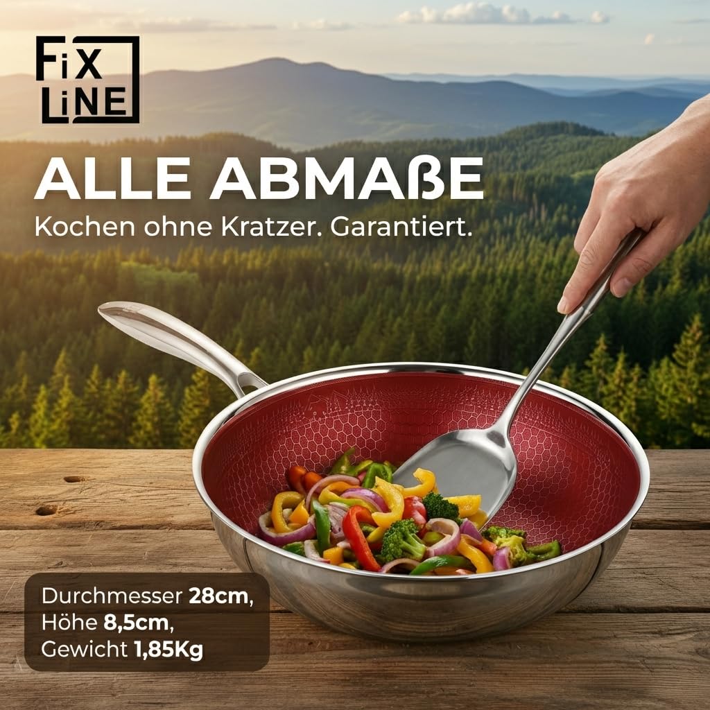 FIXLINE® BLACK FOREST Wokpfanne 28cm - kratzfeste Beschichtung ohne PTFE - alle Herdarten inkl. Induktion - Backofengeeignet bis 230°C - Einfache Reinigung - Perfekte Geschenkidee