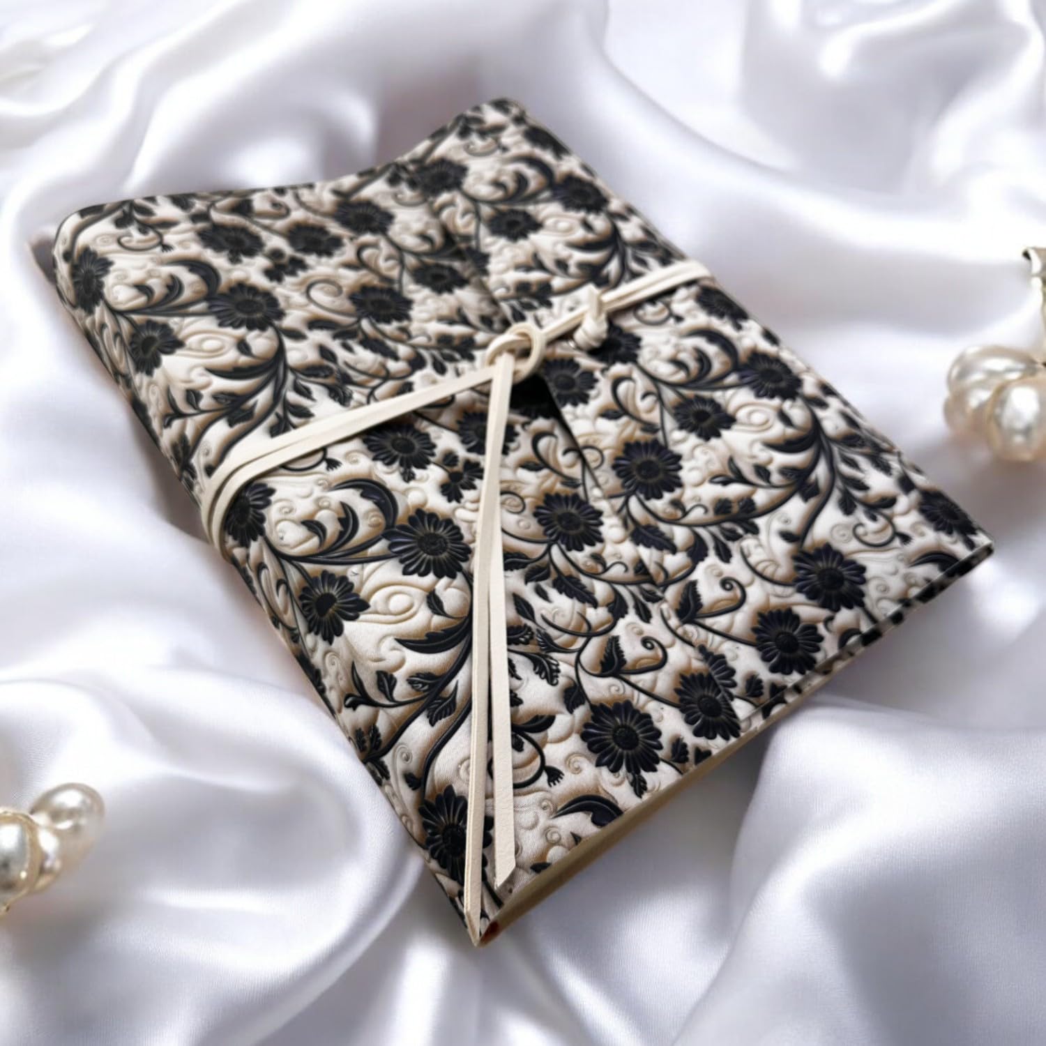Álbum de fotos de doble flor de tejido stamp.3D interior de piel sintética LUX personalizable, clásico con papel de seda, boda, regalo, boda, aniversario (Con grabado, Negro/Crema, 30X30)