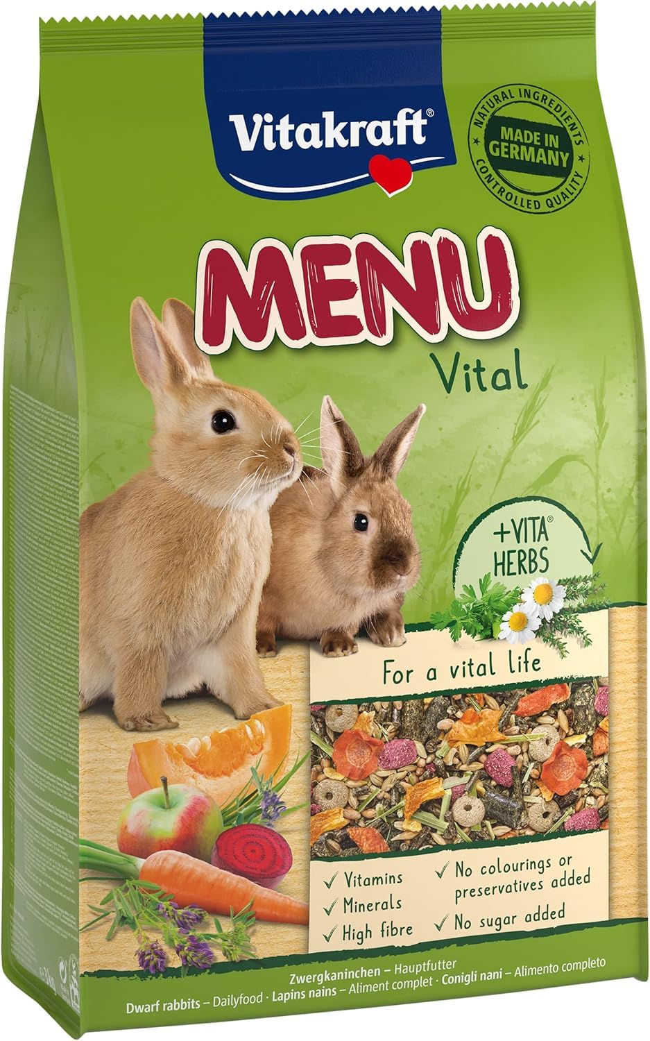 Vitakraft Menu Vital, Zwergkaninchen Futter, mit Luzerne, mit Apfel, mit Kürbis, angereichert mit Kräutern, ohne Zusatz von Zucker (1x 3kg)