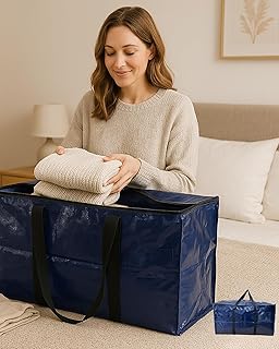 Premium Storage Tote, Heavy-Duty Carry Bag with Reinforced Handles for Moving/Travel/Home Organization, Large Moving Bags for Space Saving, Deep Blue