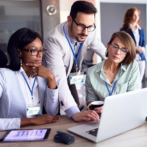 Miniatura 7 de 100 unidades de soportes horizontales de plástico transparente para tarjetas de identificación con nombre y 100 unidades de cordones azules planos