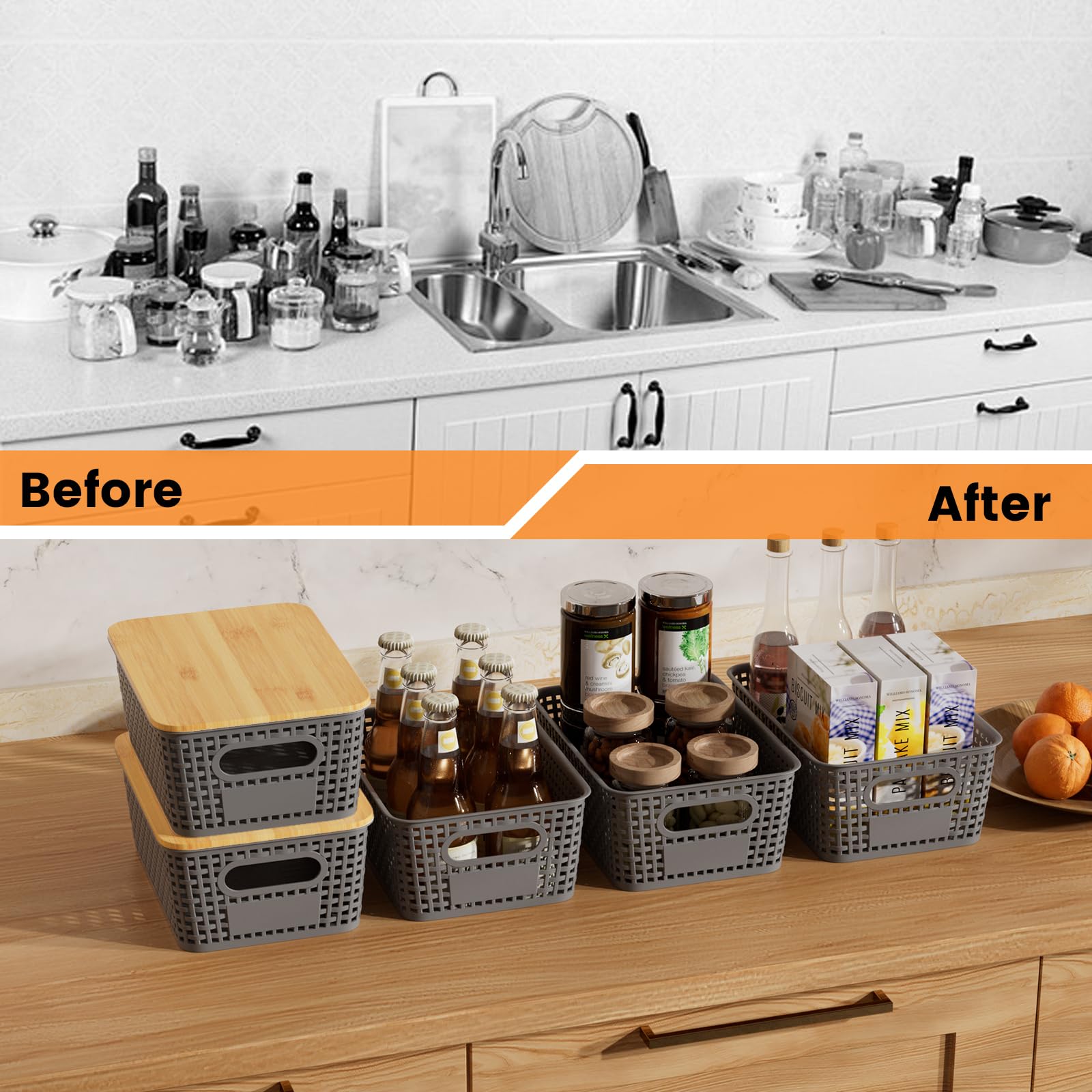 Shrivee Set di 6 5L Scatole portaoggetti di Plastica con Bambù Coperchio Impilabili Salvaspazio Storage Cestini per Bagno Cucina Armadio Ufficio