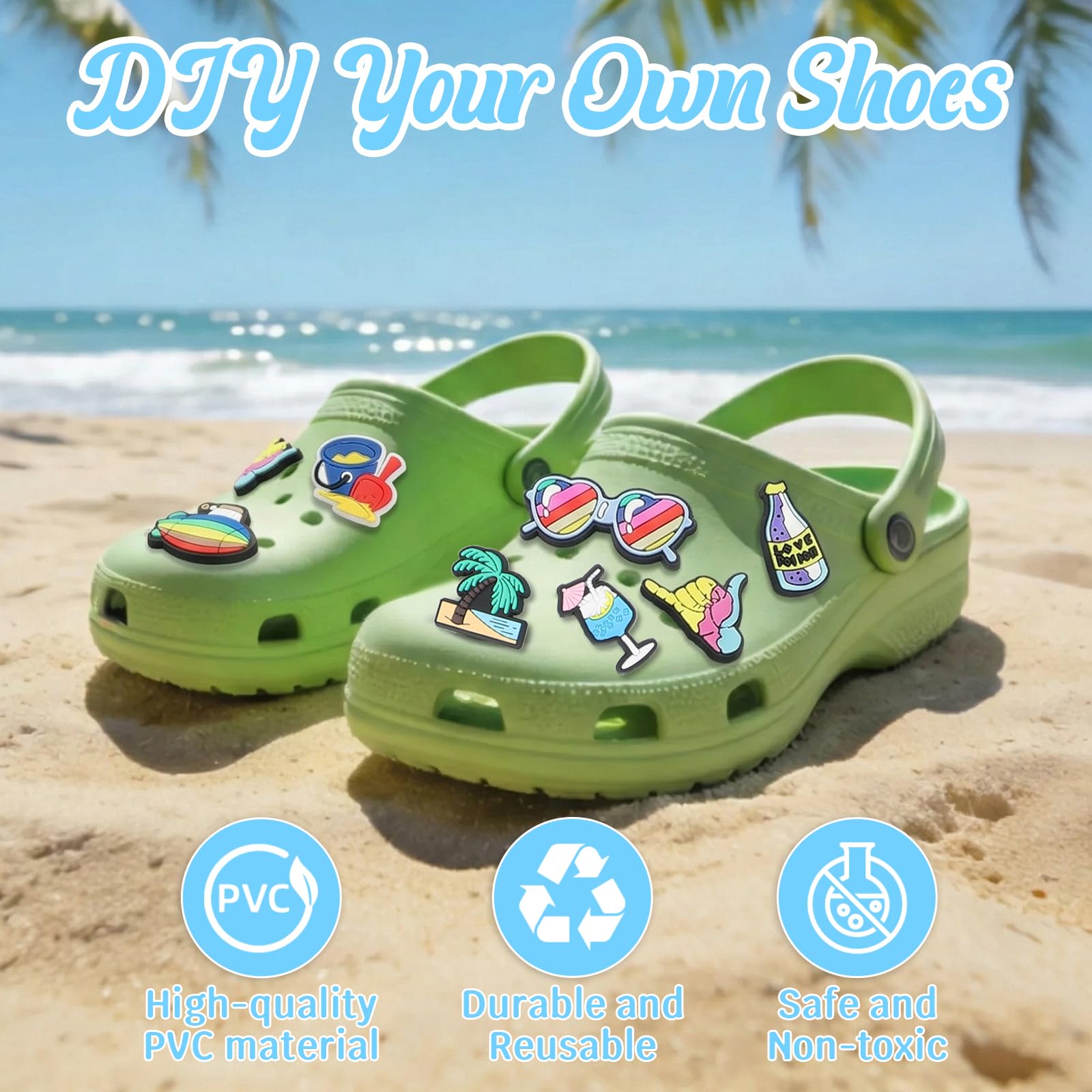 Świeże letnie zawieszki do butów plażowych do chodaków: 65 sztuk zawieszek do butów typu "zrób to sam", do Jibbitz Crocs, przypinki do butów dla dziewcząt, chłopców, dorosłych, jako prezent urodzinowy