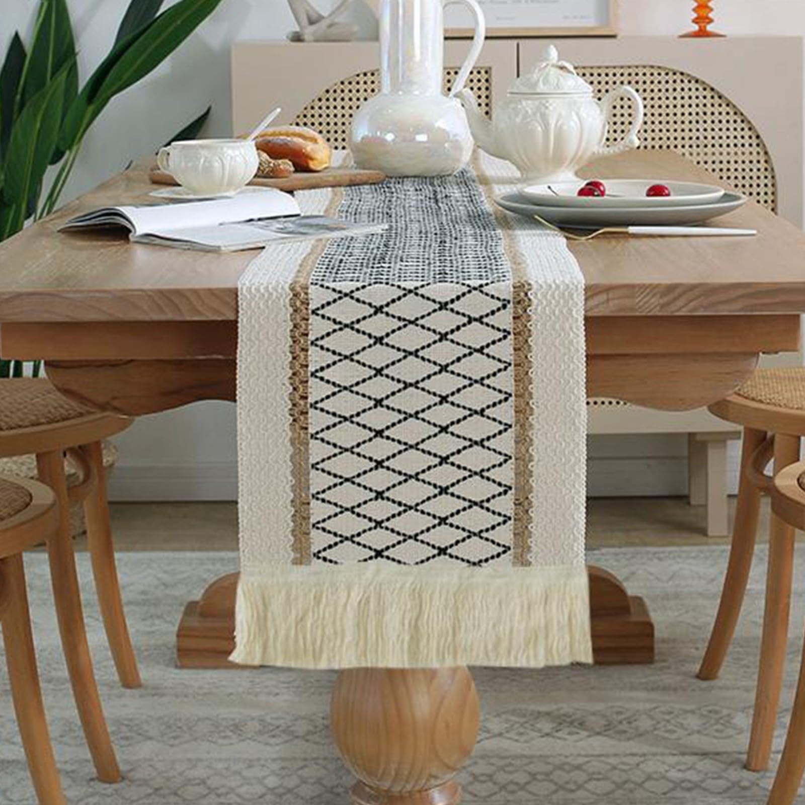 Runner Da Tavola In Macramè Fatto A Mano | Beige/Bianco, 30x180 Cm, Con Nappe, Stile Boho Per Cucina E Tavolo