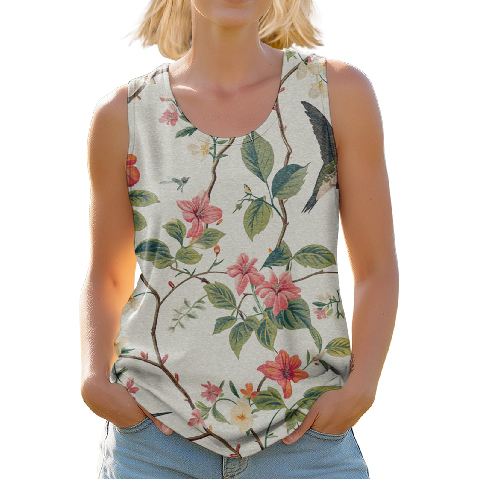Womens Floral Tank Top Sleeveless Crew Neck Blouse Loose Fit Summer Casual Shirt Botanical Print Vacation Top
