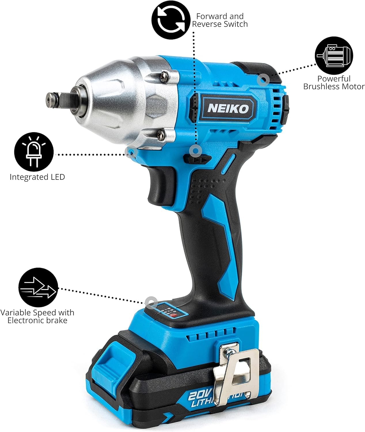 NEIKO 10880A 3/8-Inch-Drive Brushless Cordless Impact Wrench, 20