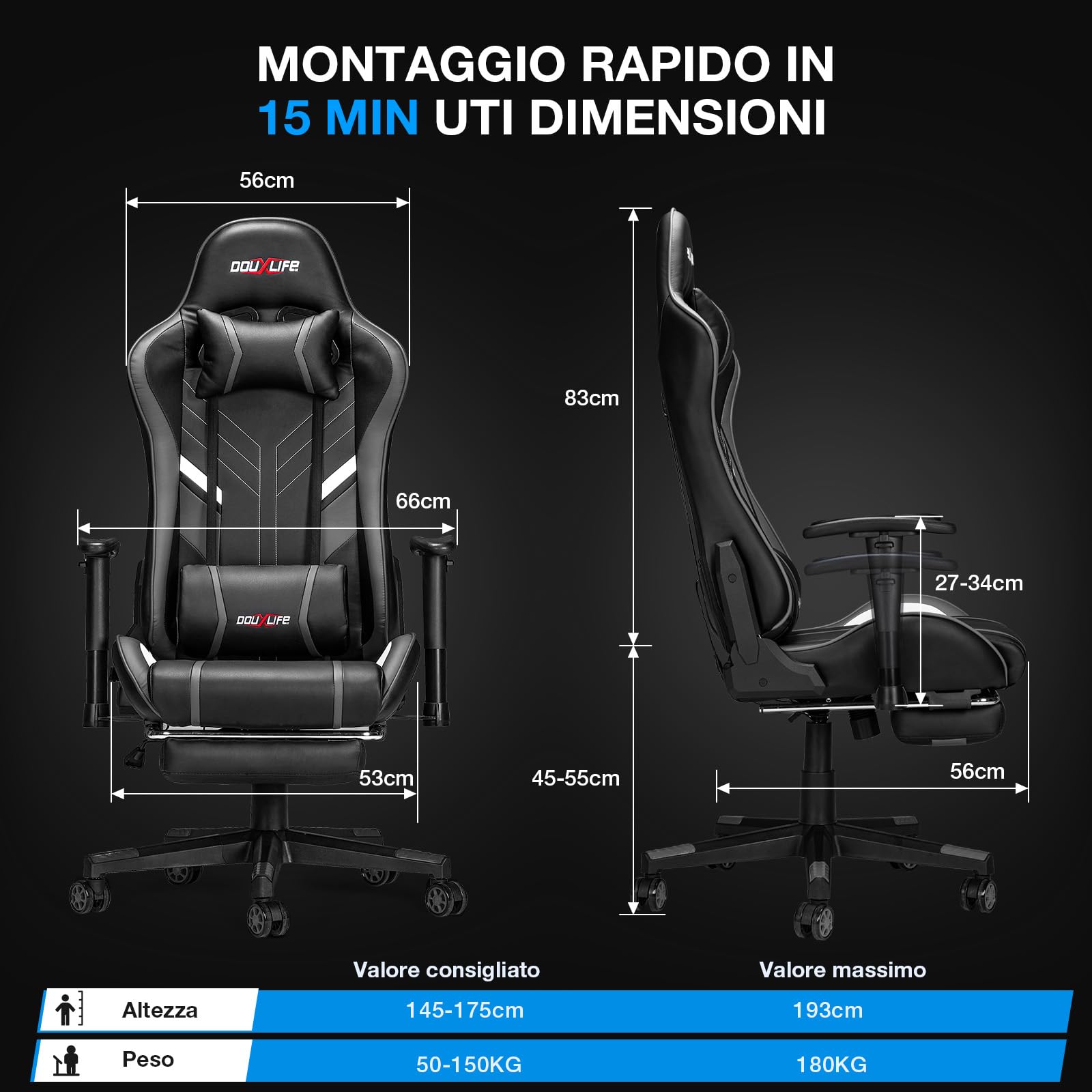 Douxlife Sedia da Gaming con Massaggio a 7 Punti, Sedia da Ufficio Ergonomica Schienale Regolabile 90-175°, Bracciolo 2D Regolabile, Poltrona da Gaming per Adulti, Portata 150-180 kg, Grigio