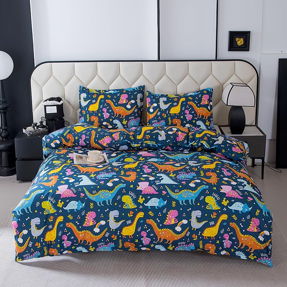 Floral Printed Duvet Cover and Pillowcase Set,Soft Cartoon Dino Printed Microfiber Comforter Cover with Corner Ties (Navy Blue Dino, Full)