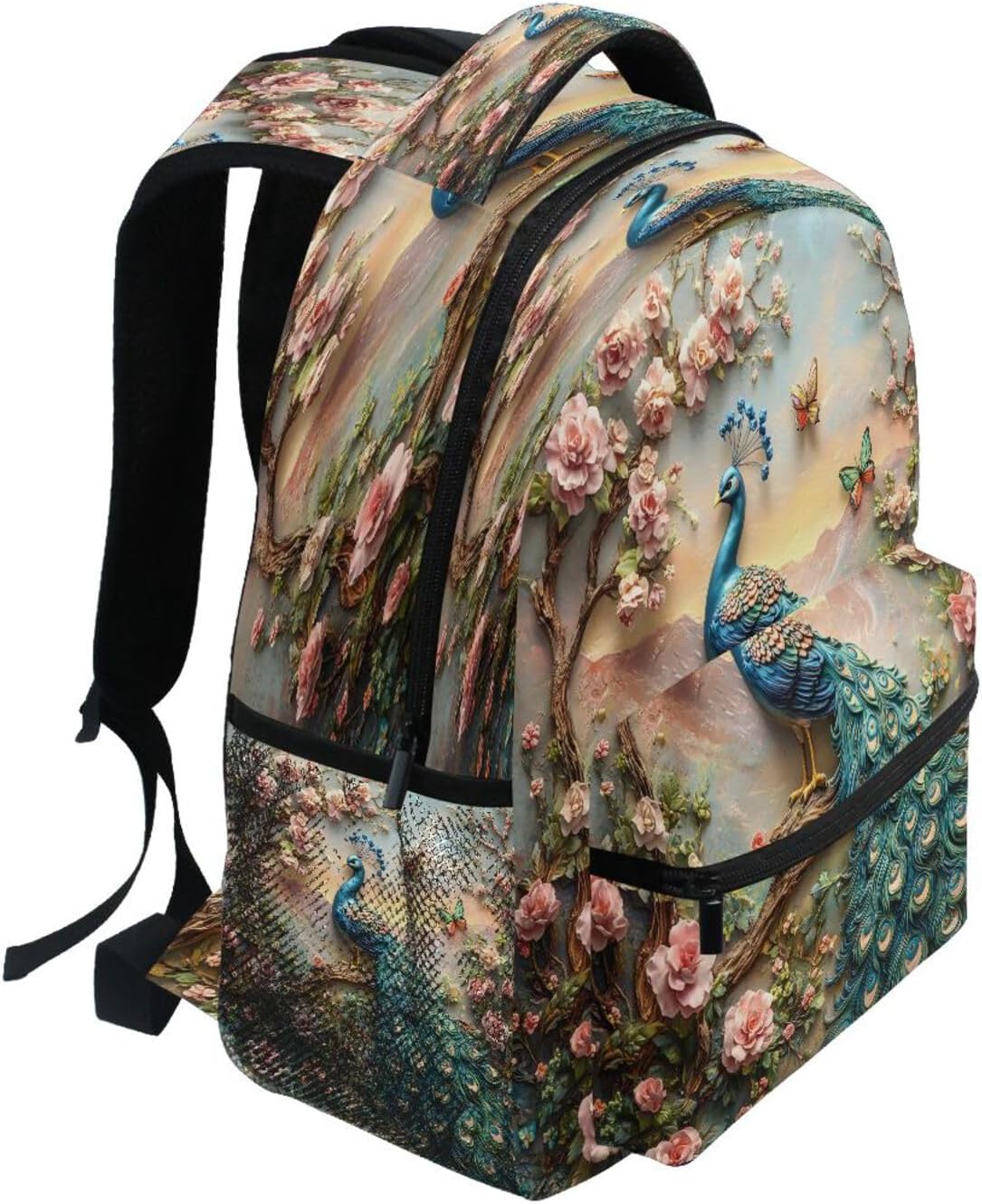 Peacock Butterfly Peony Backpack for School Boys Girls Adults Kids Bookbag Laptop Bag 18L