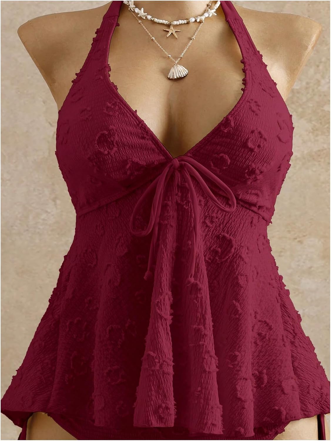 Verdusa Women's 2 Piece Halter Tankini Set Textured Babydoll Tops with Panty Swimsuits