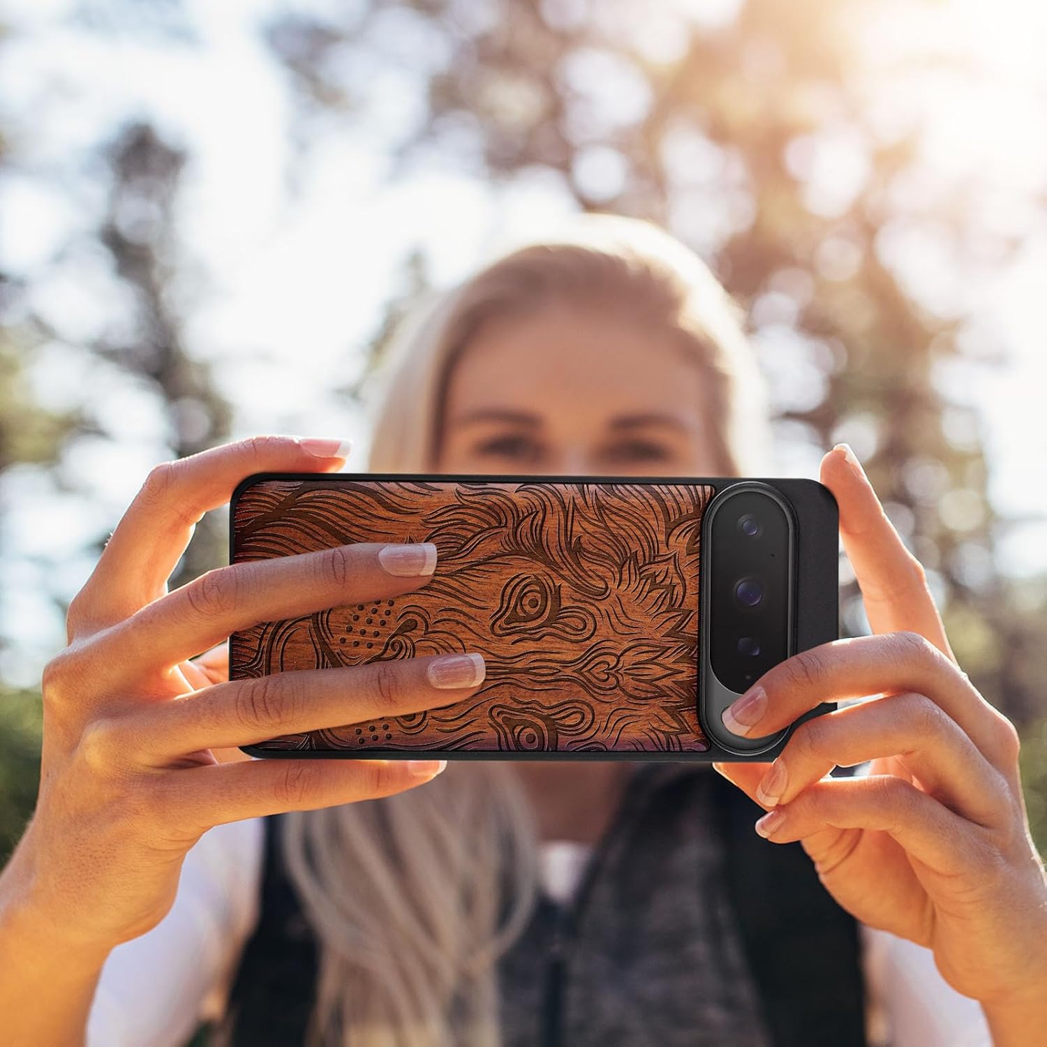 Carveit Magnetic Wooden Case for Pixel 9 Pro Google 9 Pro Case, Wood Artisan Engraved & Soft TPU Shockproof Cover, Compatible with MagSafe Wireless Chargers (Lion in Aztec Style) Rosy