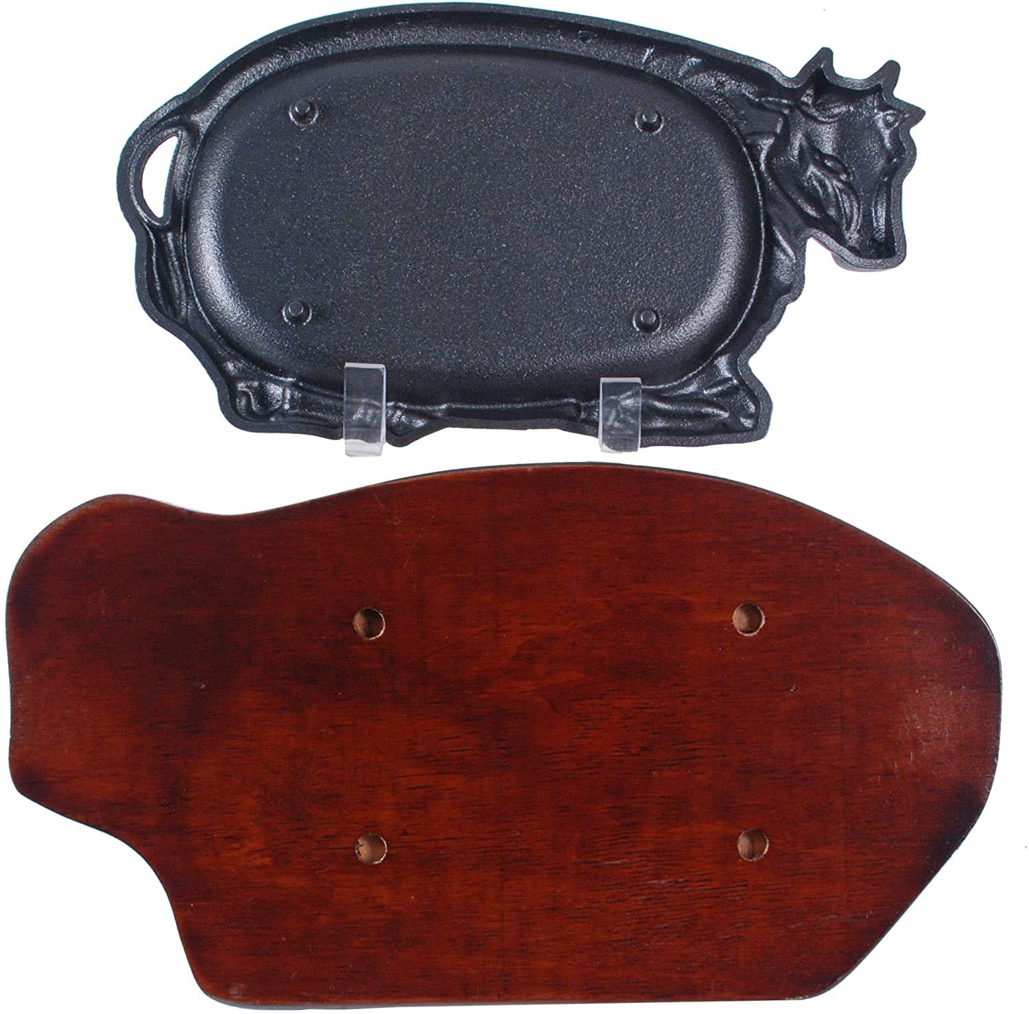 Happy Sales HSGRD-COW12 - Piastra per bistecca in ghisa con base in legno, per uso domestico o ristorante