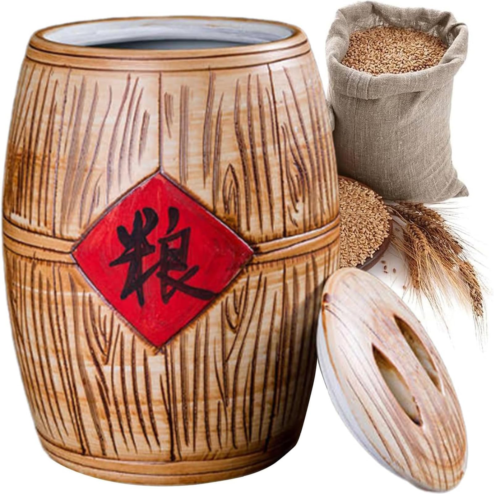 MESCXTY Grain Rice Bucket,Ceramic Bucket Jar with Lids,Large Ceramic Container,Food Airtight Storage Jars for Rice, Tea, Grains - Handmade, Easy to Clean 10kg
