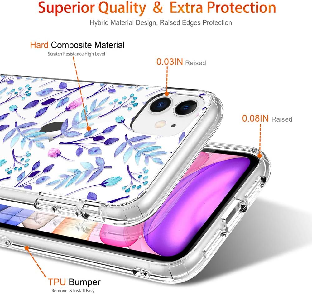 GiiKa iPhone 11 Case with Screen Protector, Clear Heavy Duty Protective Case Floral Girls Women Shockproof Hard PC Back Case with Slim TPU Bumper Cover Phone Case for iPhone 11, Blue Florals