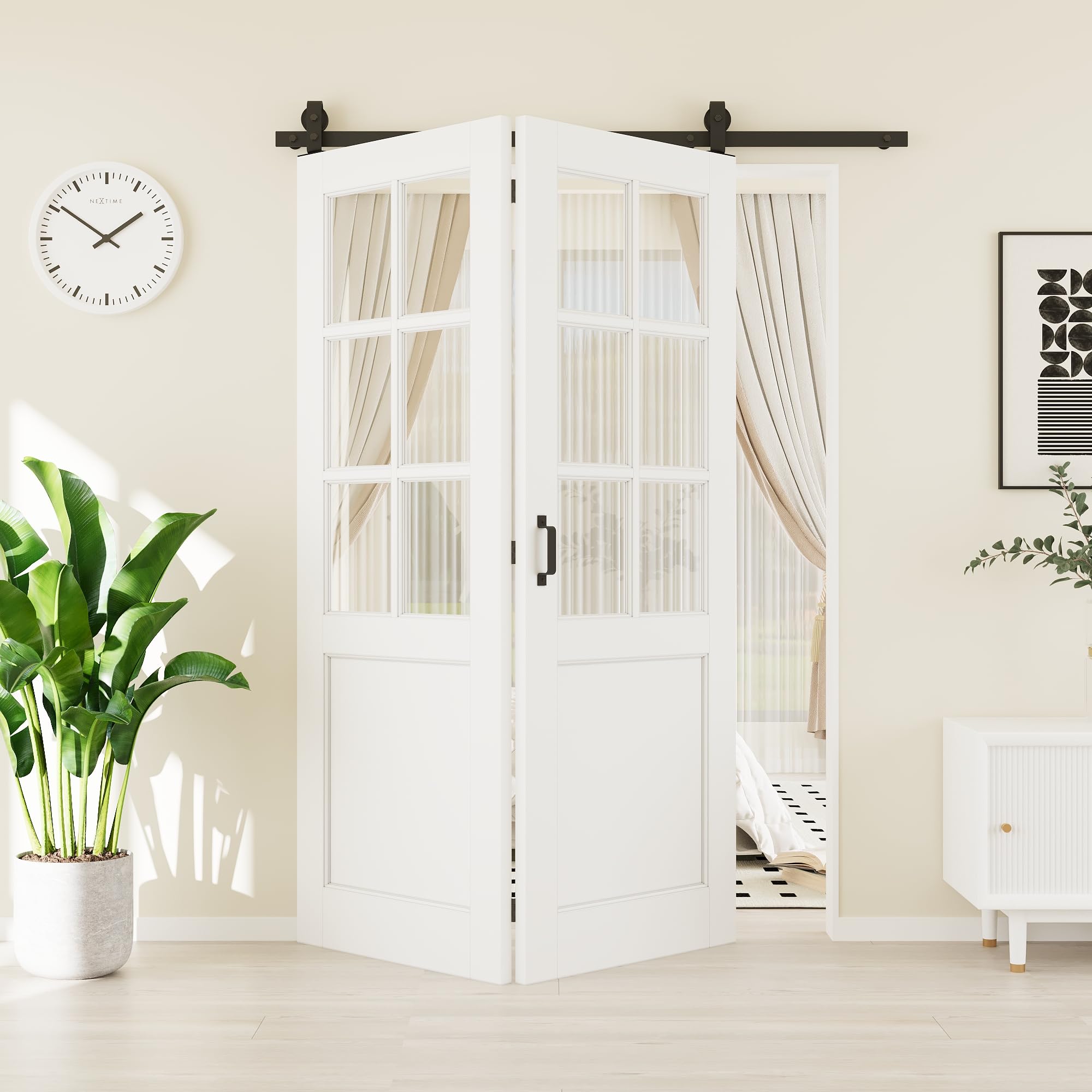 60"(30" x 2) x 80" Tempered Clear Glass &amp; Paintable Bifold Barn Door