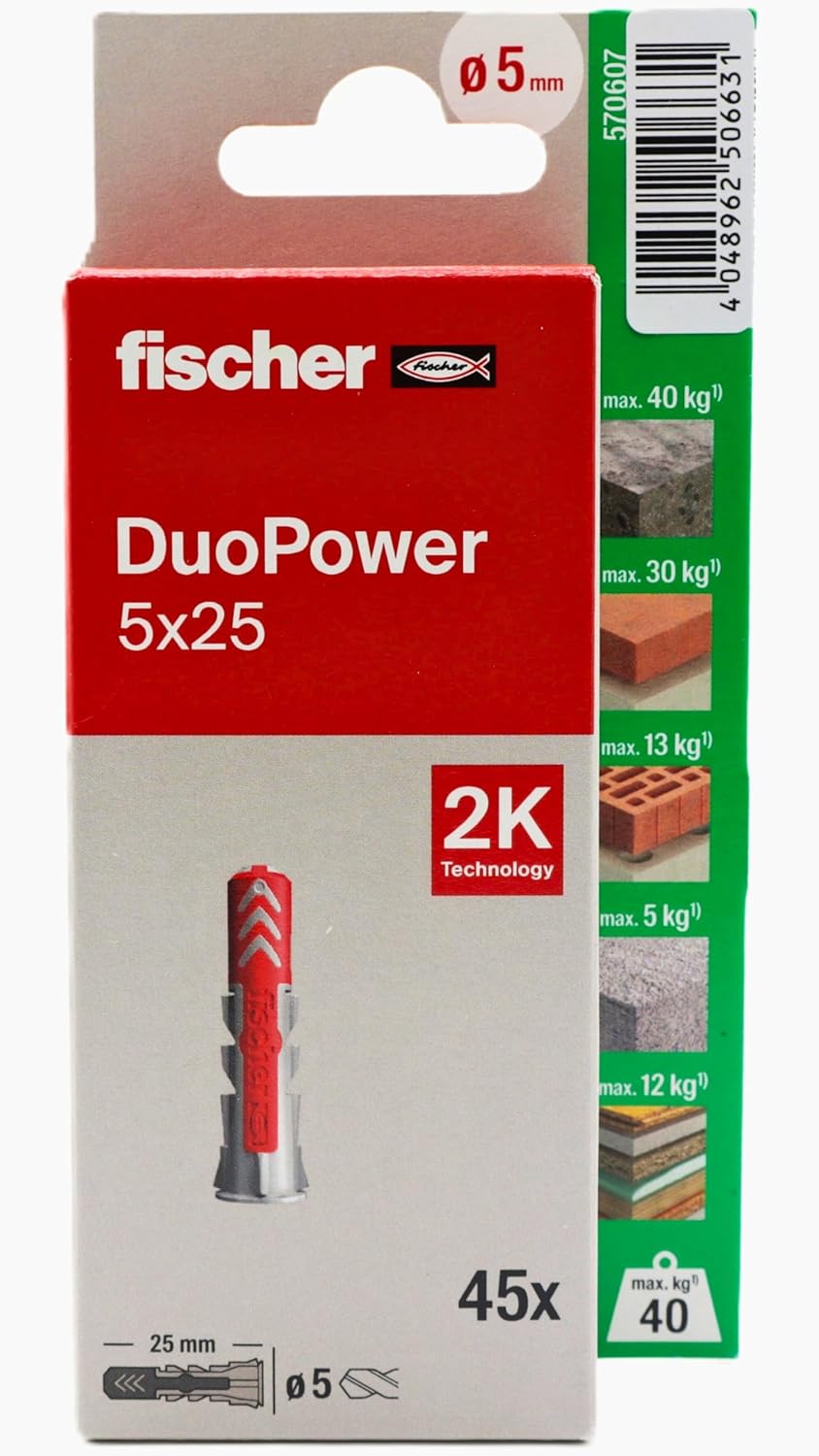 fischer - Duopower 5 x 25-45U Wall Anchors Various Materials Suitable for Hanging Bicycles, Pictures, Cabinets, TVs, Shelves, Furniture