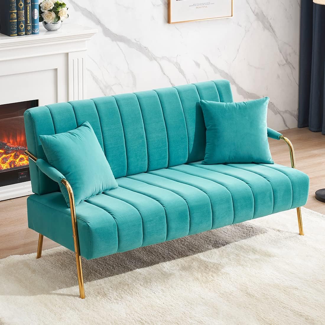 Goujxcy 61‘’ Loveseat Sofa Small Couch Two Seat Mid Century Modern Sofa with 2 Throw