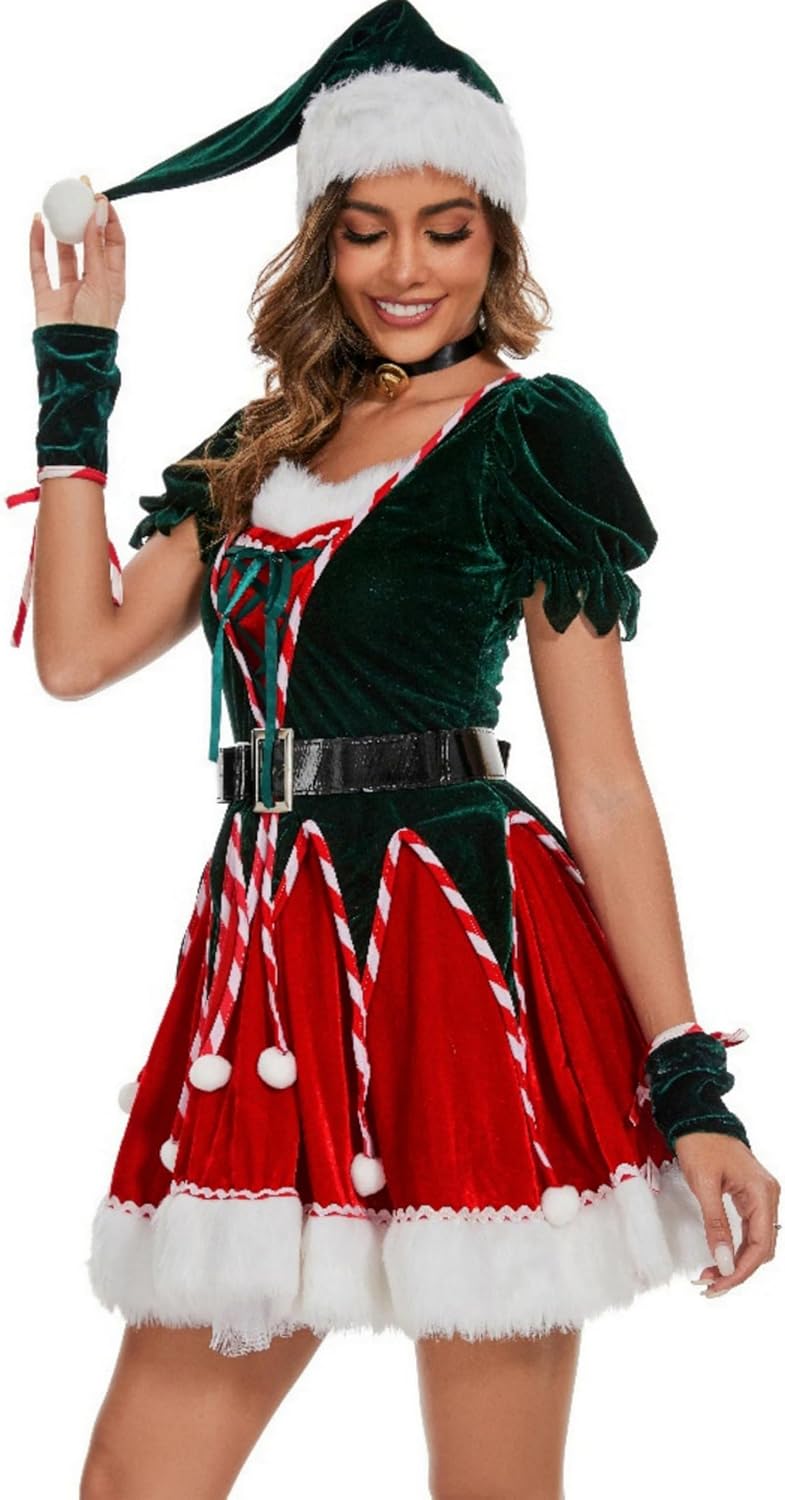 Women's 6 PCS Mrs Claus Santa Dress Christmas Costume Santa Outfit Cosplay - Image 3