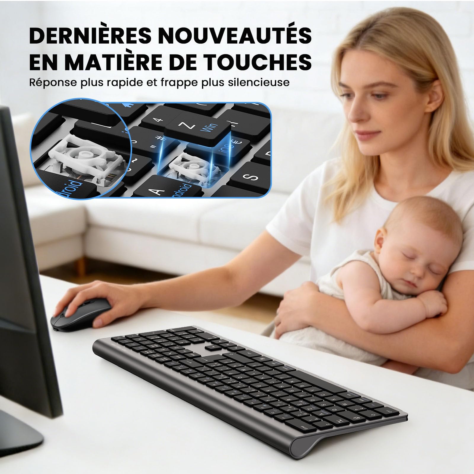 cimetech Clavier Souris sans Fil Bluetooth, Connexion BT1+ BT2+ BT3, Rechargeable, Silencieux, Ultra-Fin Clavier AZERTY, Compatible Windows/Mac OS/iPad/Android-Gris Noir