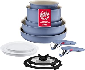 Lagostina Ingenio Pastel, Set di Padelle Antiaderenti 11 Pezzi con Manico Rimovibile, Compatibili con Induzione e Forno, Design Salvaspazio, Colore Nettuno