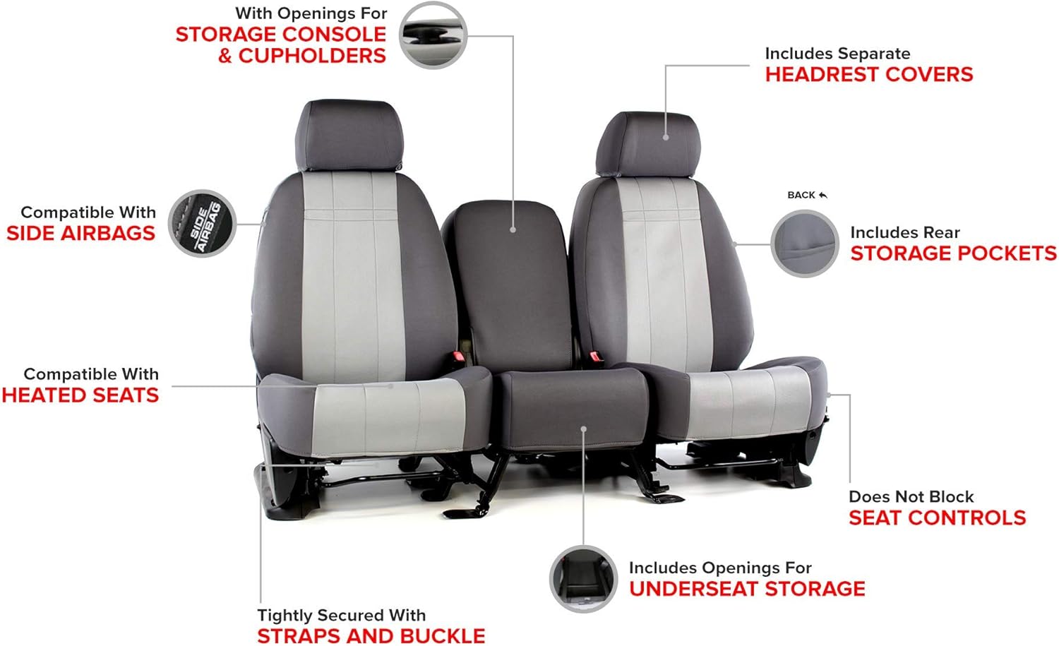 ShearComfort Front Seats Custom Neoprene-Style Seat Covers Compatible with Ford F150 (2015-2020) in Charcoal w/Silver for 40/20/40 w/Folddown Opening Console and 3 Adjustable Headrests (Super ...