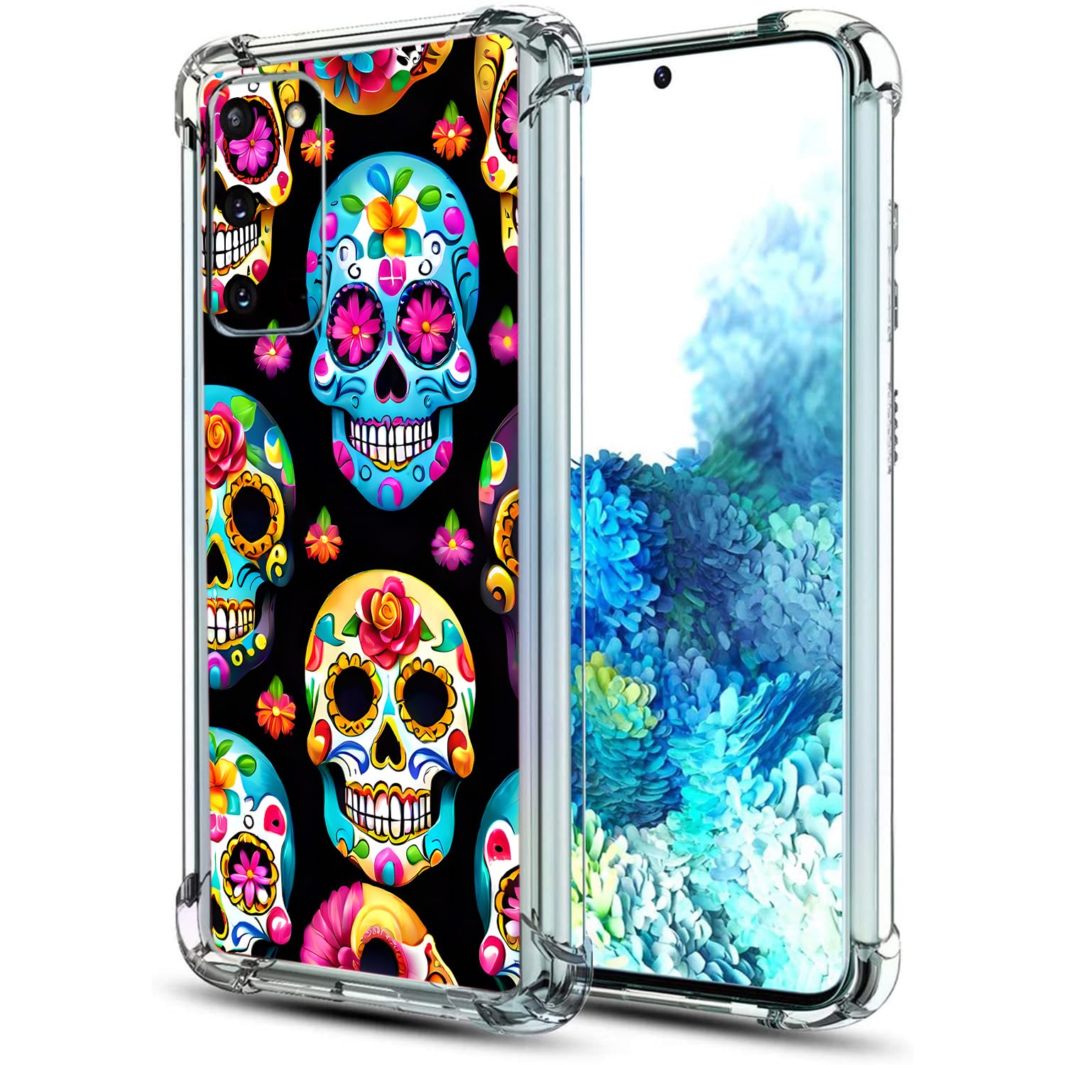 Beaucov Galaxy S20 FE 5G Case,Sugar Skulls Flowers Drop Protection Shockproof Case TPU Full Body Protective Scratch-Resistant Cover for Samsung Galaxy