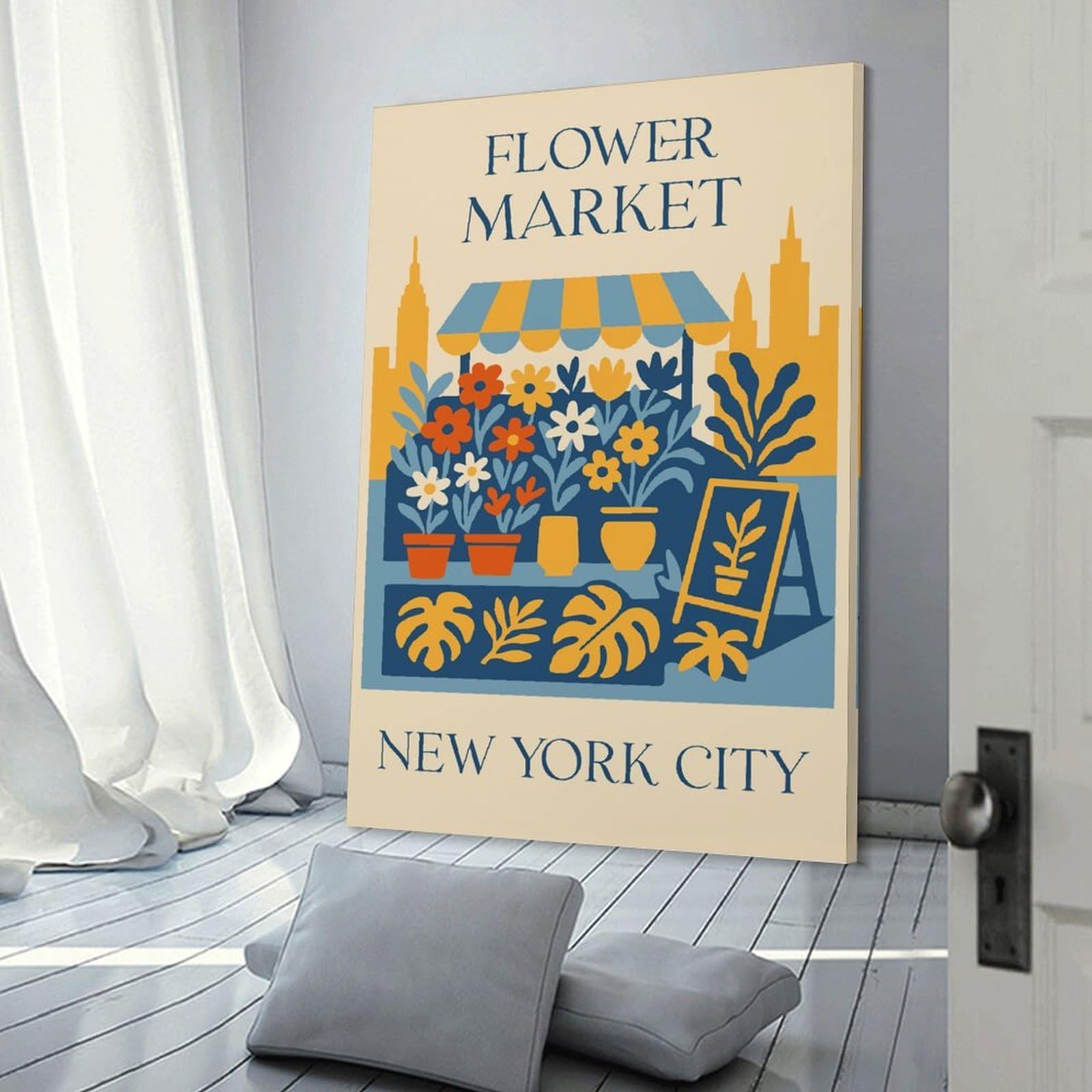 Junmoney Frame-Style-20 Wall Picture Print Flower Market New York City Illustration, 24X36inch(60X90cm), For Small Homes, Bedrooms Or Open Spaces, An Easy Choice For New Home Styling