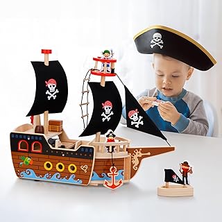 Pirate Ship Toys for Kids 3-5, Equipped with Wooden Pirate Ship Toy, Rescue Ship, Cannons, Wooden Ladders, Engaging Pirate Adventure with Child, Figures Play Set Gift for Boys and Girls