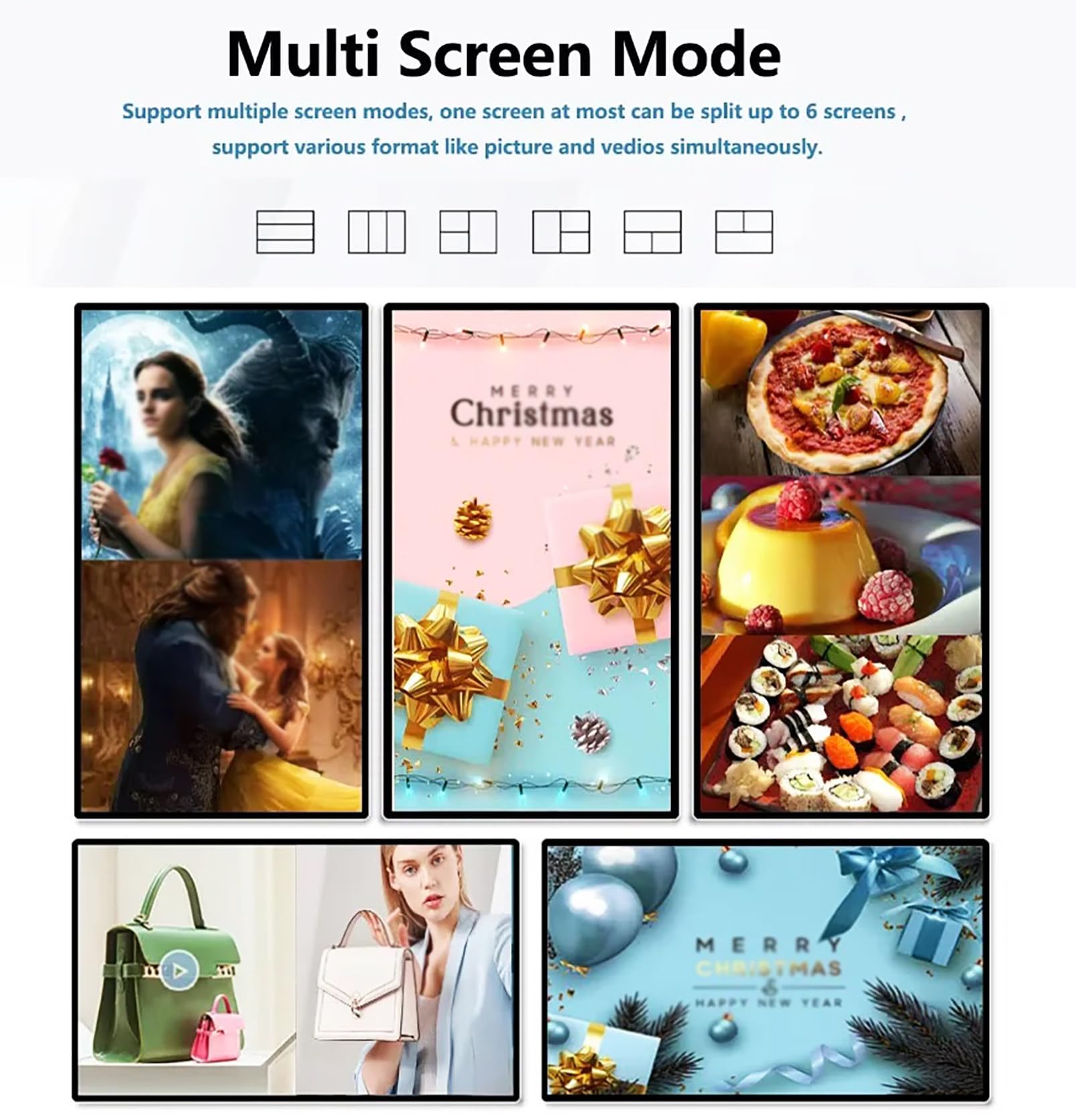 Segnaletica digitale interattiva con touchscreen, sistema operativo Android, riproduzione personalizzata, schermo diviso e audio integrato