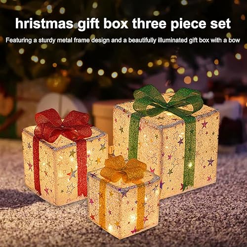 Miniatura 2 de Cajas de regalo iluminadas de Navidad, juego de 3 cajas de decoración de 10 a 8 a 6 pulgadas con lazos y control remoto, funciona con pilas, adorno