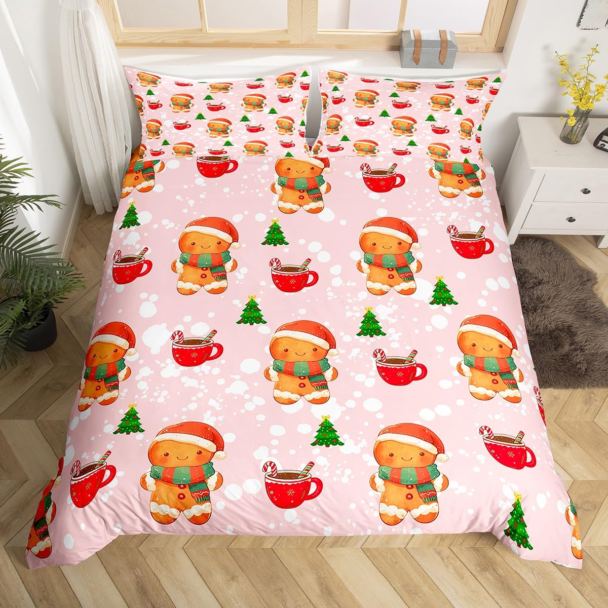 Homewish Różowa świąteczna poszewka na kołdrę podwójny rozmiar uroczy piernikowy człowiek poszewka na kołdrę zima choinka zestaw pościeli Merry Christmas zestaw pościeli