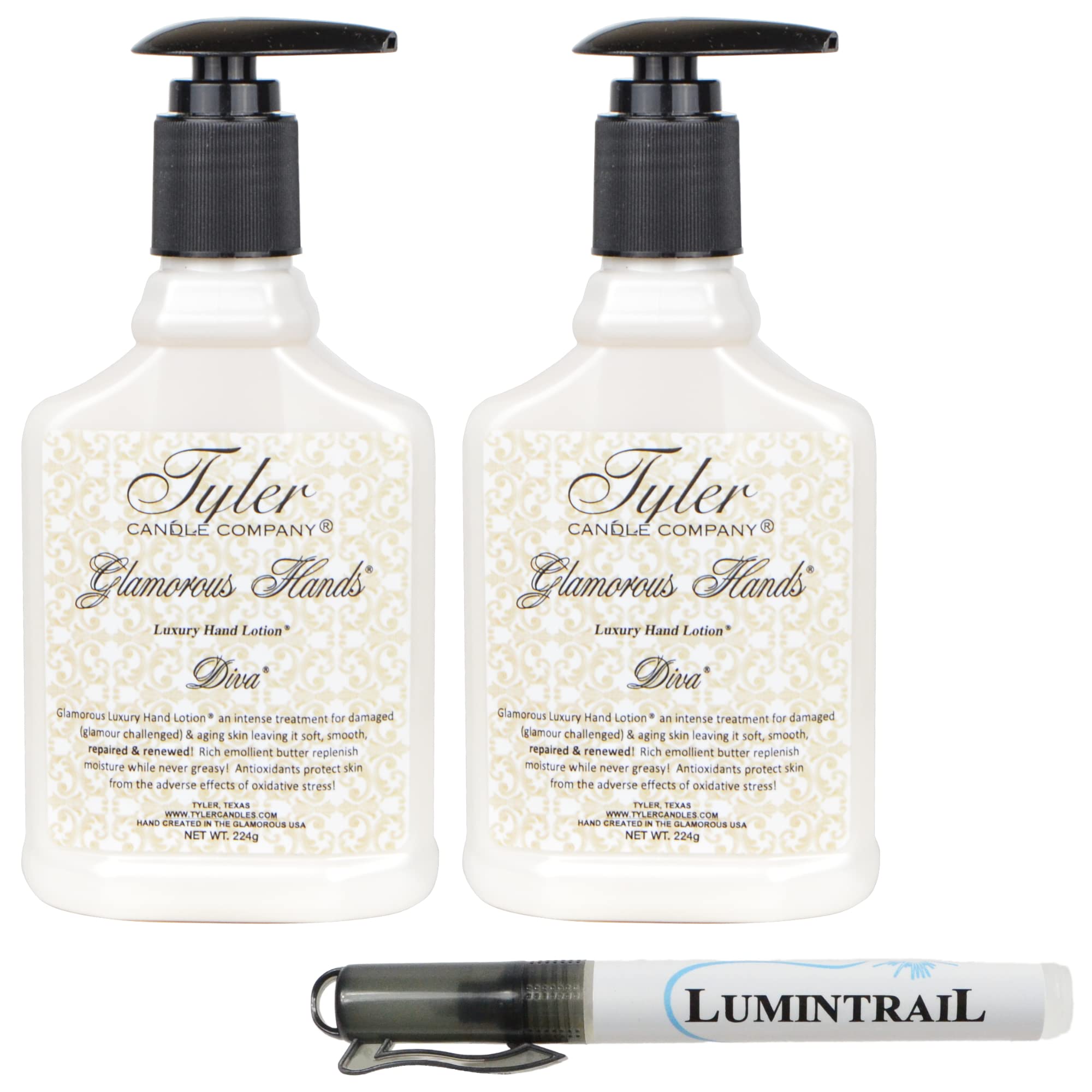 Lumintrail Tyler Glamorous Hands Luxury Hand Lotion 224 grams, Diva, Set of 2, Bundle with a Degreaser Pen