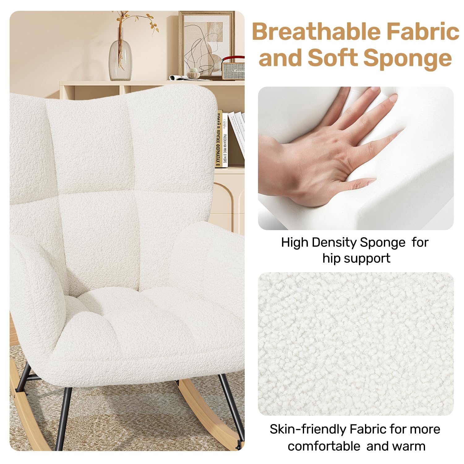 Hawthyhome Schaukelstuhl Relaxstuhl Sessel Stuhl Wohnzimmersessel, Schaukelsessel Gepolsterter Schwingsessel bis 136 kg belastbar Weiß Lounge Chair fürs Wohnzimmer Schlafzimmer Balkon