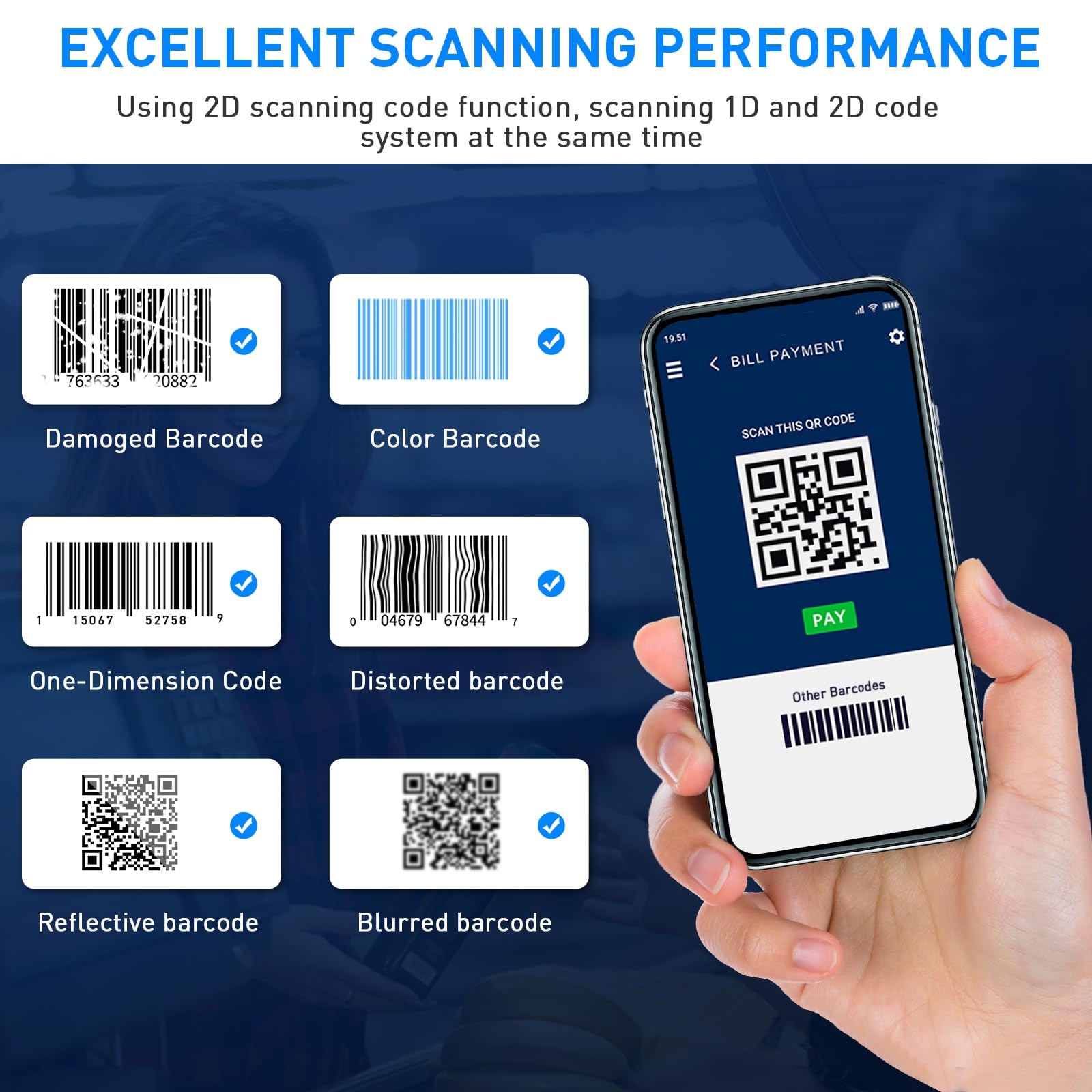 Bluetooth Barcode Scanner, Mini 2D tragbarer kabelloser Barcode-Scanner 3-in-1-Bluetooth- und 2,4-G-Barcode-Leser