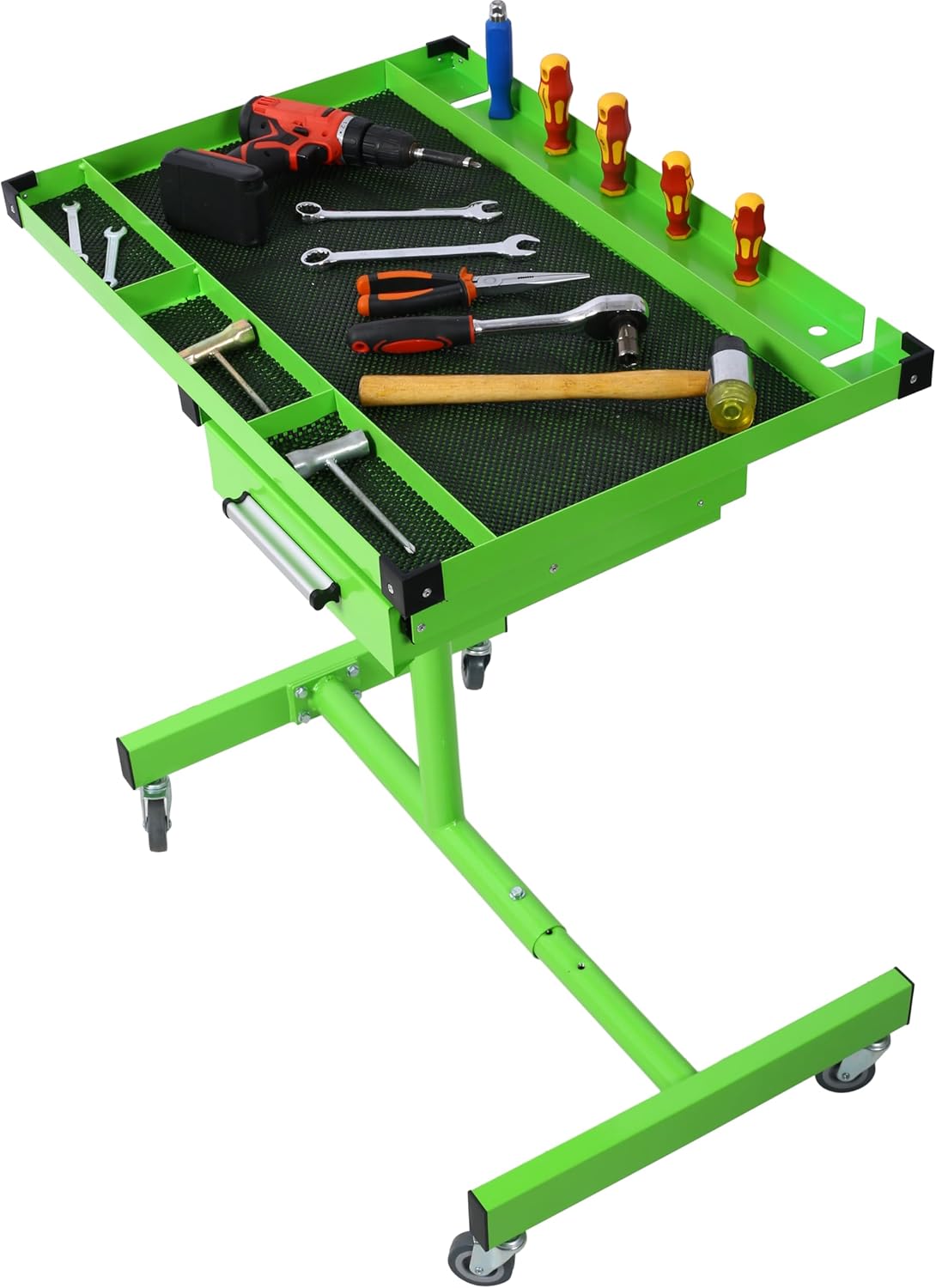 Adjustable Tear Down Work Table with Drawer, Rolling Workbench Work Table for Garages, Repair Shops, DIY, Portable 2.5" Swivel Casters, 220 Pound Capacity, Rubber Corners, Heavy Duty Steel (Green, /)